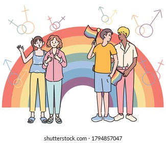 Two male couples and two female couples. hand drawn style vector design illustrations. 