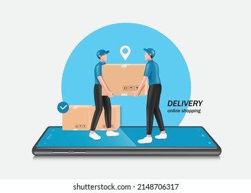 Two male couriers in uniforms Help to lift parcel boxes to deliver to customers and standing on a smartphone,vector 3d isolated on white background for online shopping and delivery concept design