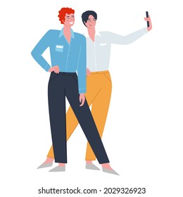 Two male coworker friends in office style making a photo video on the phone. Flat vector illustration.