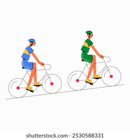 Two male cyclists riding bicycles in flat vector illustration symbolizing teamwork, competition, and outdoor fitness, isolated on white background.