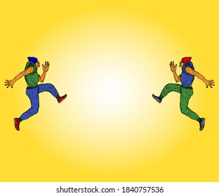 Two Male Dancer Leaping Into A Blank Open Space. Hand Drawn Vector Illustration.