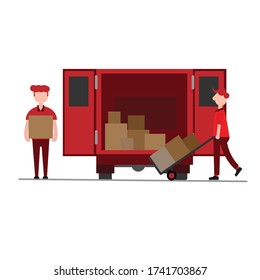Two male delivery staff are helping to pack in the car.
