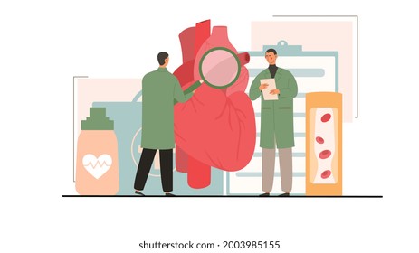 Dos médicos varones curando la aterosclerosis juntos en el hospital. Concepto de hipertensión arterial con colesterol alto y aterosclerosis. Dos doctores con túnicas verdes con lupa. Ilustración de vetos de dibujos animados planos