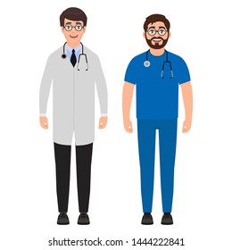 Two male doctors with a stethoscope around his neck, medical workers, cartoon character vector illustration