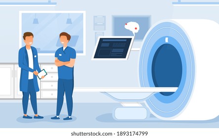 Dos médicos machos analizando imágenes de resonancia magnética. Hombres parados al lado de mi máquina y hablando. Concepto de investigación y diagnóstico médicos. Ilustración vectorial de dibujos animados planos