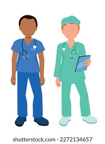 Two male doctors within different colored uniform. Medical workers silhouette.