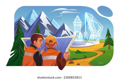 Two male engineers working at rocket construction site. Vector cartoon illustration of men looking at detail drawing, planning spacecraft building in area surrounded by mountains and green forest