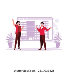 Two male and female architects, using special 3D glasses, discussing a high-tech office building project using visual reality technology with professionals. Trend Modern vector flat illustration.