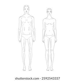 Two male and female line technical drawing croquis figure for flat fashion sketches and cads. Normal size vector mannequin design. 