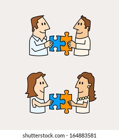 Two male and female matching puzzle pieces icon. Concept of collaboration and teamwork. Vector illustration.