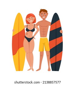 Two male and female surfers isolated on white background. Man and woman with surfboards. Cartoon vector illustration