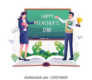 Two male and female teachers are pointing at the chalkboard that says Happy Teachers Day. Vector illustration in flat style