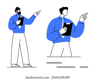 Dos figuras masculinas con atuendo azul señalando y sosteniendo Portapapeles, una de cuerpo completo y otra de cerca. Ideal para presentaciones, reuniones de negocios, instrucciones, trabajo en equipo y educación. Vector minimalista