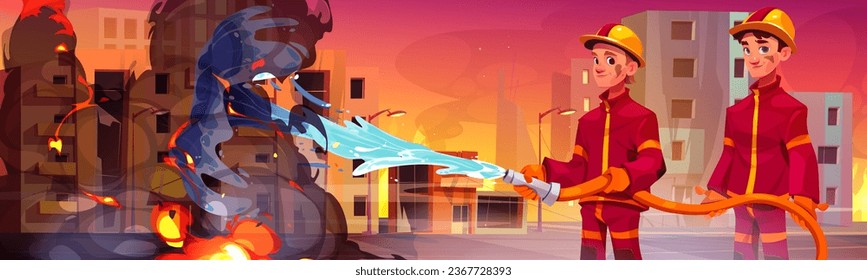 Two male firefighters in uniforms and helmets extinguish fire in city with water from hose. Cartoon vector illustration of quick response service to emergency and disaster. Firemen department at work.