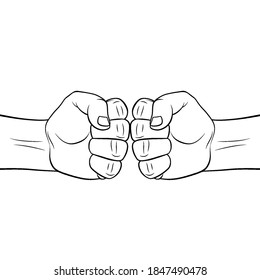 Two Male Fists Hitting Each Other. The Concept of Business Success, Teamwork, or Learning Together Success. Thin Line Icon for Website Design. A Realistic Black and White Sketch