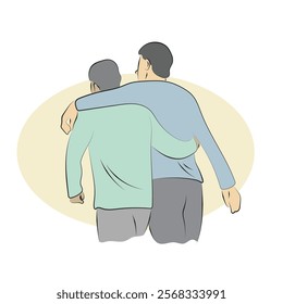 Two male friends with arms around shoulder of each other illustration vector hand drawn sketch isolated on white background