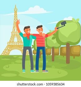 Two male friends cartoon characters make a selfie on Eiffel tower view.  Vector illustration eps 10