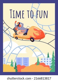 Two male friends or couple riding roller coaster, poster template - flat vector illustration. People having fun together in amusement park. Entertainment with friends.