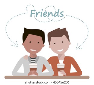 Two male friends drinking coffee or tea in a cafe talking and laughing. Friendship Day concept. Vector illustration flat design