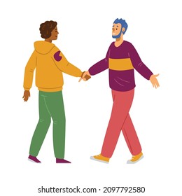 Two Male Friends Meeting And Greeting Each Other, Flat Vector Illustration Isolated On White Background. Happy And Smiling Men Shaking Hands. Concept Of Friendship And Handshake.