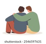 Two male friends sitting backview. Gay man couple hugging on a date concept. Vector hand drawn isolated illustration