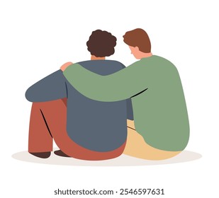 Two male friends sitting backview. Gay man couple hugging on a date concept. Vector hand drawn isolated illustration