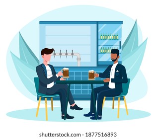 Two male friends sitting in bar and drinking beer. Concept of business people at party after work. Flat cartoon vector illustration