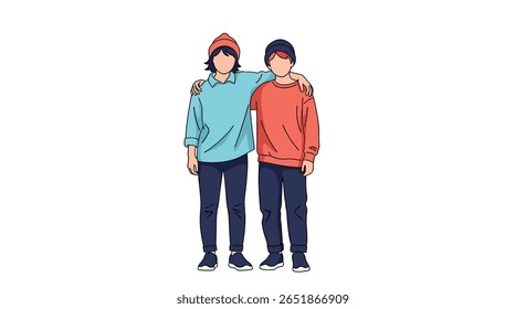 Two Male Friends Standing Together with Arms Around Shoulders and Casual Winter Clothing
