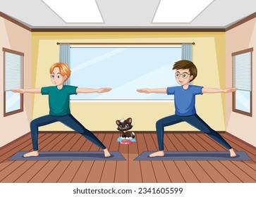 Two male friends are stretching and exercising in a yoga pose