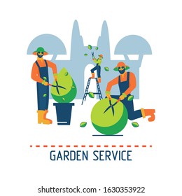 Two male gardeners trim the plants with garden shears in the foreground. A garden worker trims a hedge against the backdrop of a estate. Professional gardening concept. Tree pruning service icon.