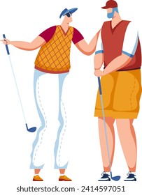 Two male golfers in casual attire discussing game, standing with golf clubs. Friends enjoying leisure time, golfing together vector illustration.