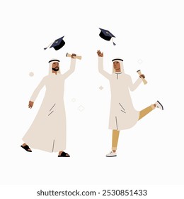 Two male graduates celebrating with diplomas in flat vector illustration symbolizing academic success, celebration, and education, isolated on white background.