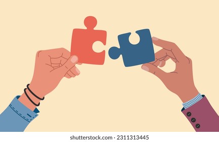 Two male hands connect puzzle pieces. Business solution, teamwork, partnership, cooperation, communication. Hand drawn vector illustration isolated on light background, flat cartoon style.