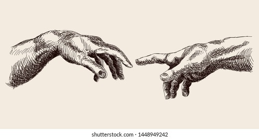 Two male hands are drawn to each other. Sketch of an element of the painting by Michelangelo. The birth of Adam.