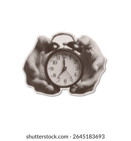 Two male hands holding an alarm clock. Trendy halftone collage torn out single sticker. Concept of coming deadline. Contemporary vector clipart. Back to school design element