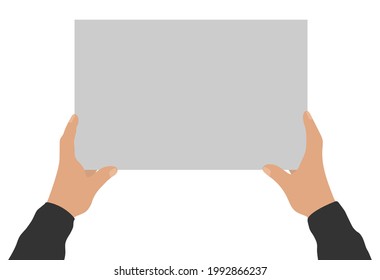 Dos manos masculinas sostienen una pancarta vacía, copian espacio para el texto. Ilustración del vector 