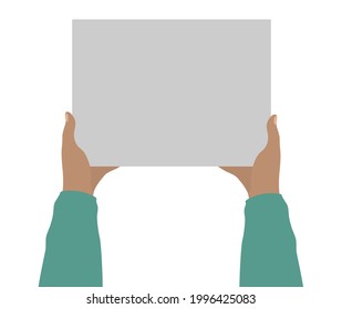 Dos manos masculinas sostienen una pancarta vacía, copian espacio para el texto. Ilustración del vector