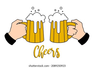 Two male hands with mugs of beer, cheers, party clinking glasses. Two friends are drinking beer. Toast pub template for a party in a restaurant or bar. Isolated vector illustration.