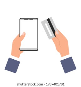 Two male hands in a suit are holding a phone and a bank card. Vector flat cartoon illustration isolated on white background, eps 10. Concept: bank transfers using the phone.