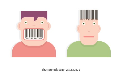 Two male head with barcodes, vector cartoon illustration, flat style