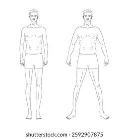 Two male line technical drawing croquis figures in two poses for flat fashion sketches and cads. Normal size vector mannequin design. 