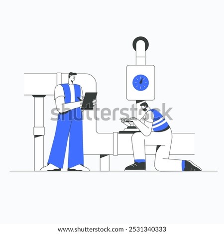 Two male maintenance workers inspecting industrial pipes in flat vector illustration symbolizing industrial repair, teamwork, and engineering, isolated on white background.