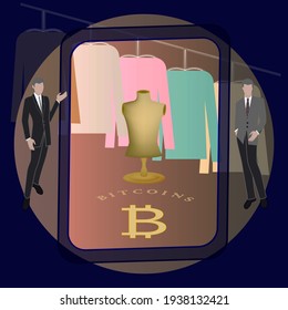 Two male mannequins, tablet, showcase of a clothing store, bitcoin symbol - illustration, art, vector. Online shopping. Cryptocurrency payments
