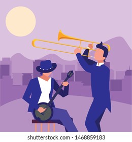 two male musicians musical instruments