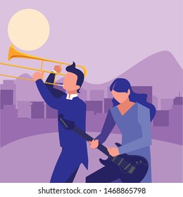 two male musicians musical instruments