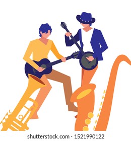 two male musicians playing musical instruments vector illustration