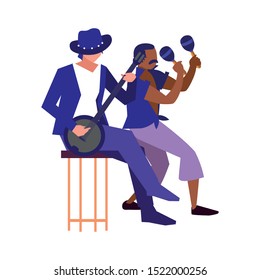 two male musicians playing musical instruments vector illustration