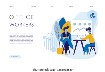 Two male office workers, presentation of the project, boss and subordinate, work processes, conversation with the Investor. Flat character. Vector illustration for landing page, mobile app.