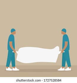 Two male orderlies carry a sheet covered stretcher