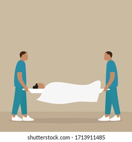 Two male orderlies carry a stretcher with a female character covered in a bedsheet